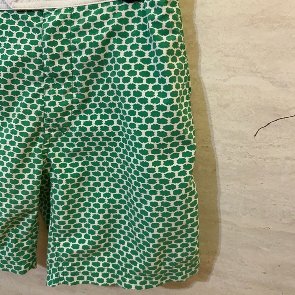 J.Crew Men's Swim Trunks in a green and white geometric print. - Picture 3 of 13